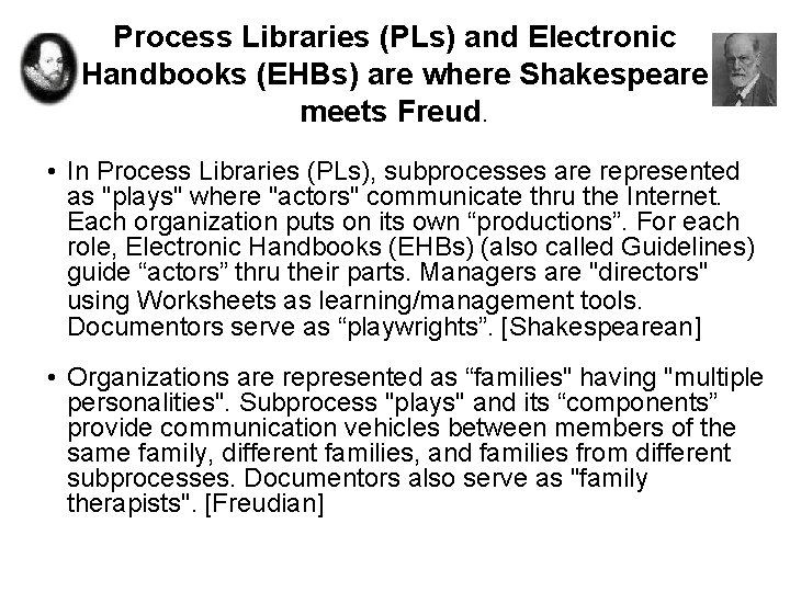 Process Libraries (PLs) and Electronic Handbooks (EHBs) are where Shakespeare meets Freud. • In