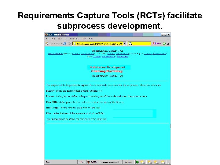 Requirements Capture Tools (RCTs) facilitate subprocess development. 