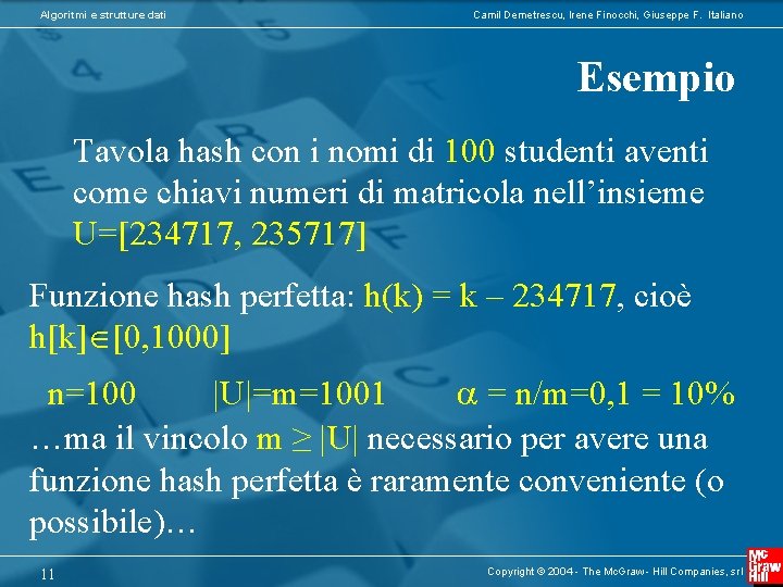Algoritmi e strutture dati Camil Demetrescu, Irene Finocchi, Giuseppe F. Italiano Esempio Tavola hash