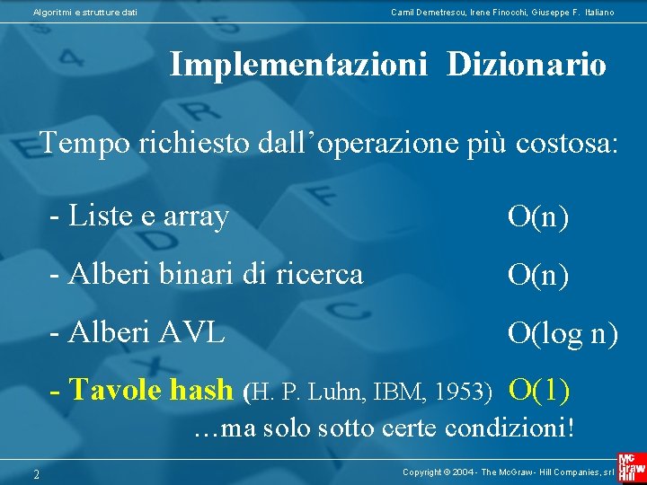 Algoritmi e strutture dati Camil Demetrescu, Irene Finocchi, Giuseppe F. Italiano Implementazioni Dizionario Tempo