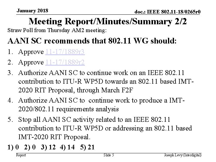 January 2018 doc. : IEEE 802. 11 -18/0265 r 0 Meeting Report/Minutes/Summary 2/2 Straw