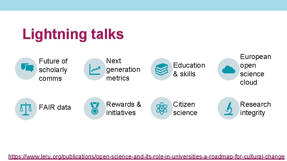 Lightning talks Future of scholarly comms Next generation metrics Education & skills European open