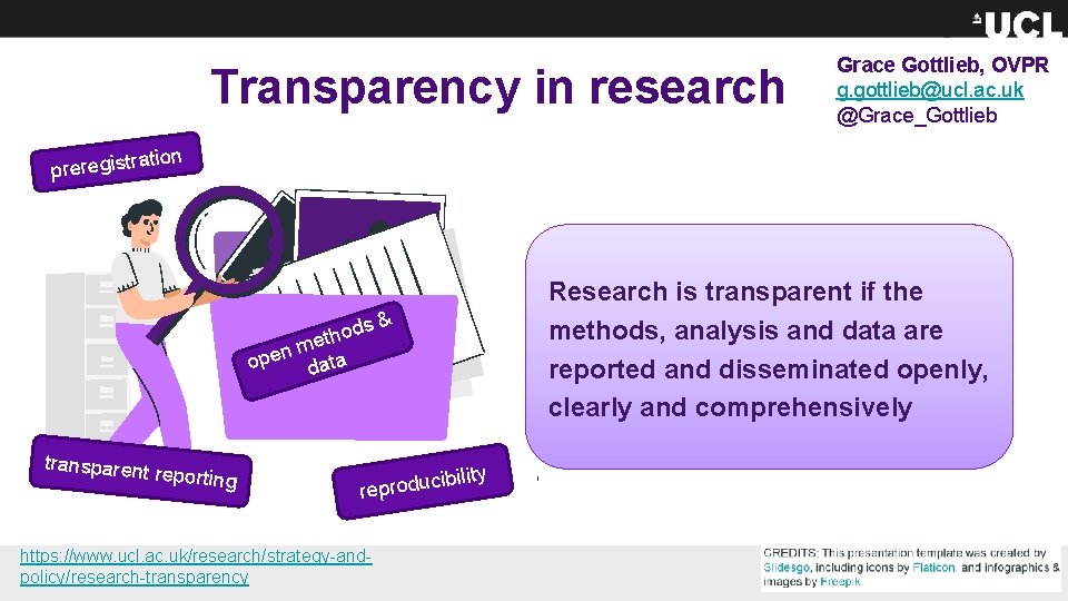 Transparency in research preregistr Grace Gottlieb, OVPR g. gottlieb@ucl. ac. uk @Grace_Gottlieb ation Research