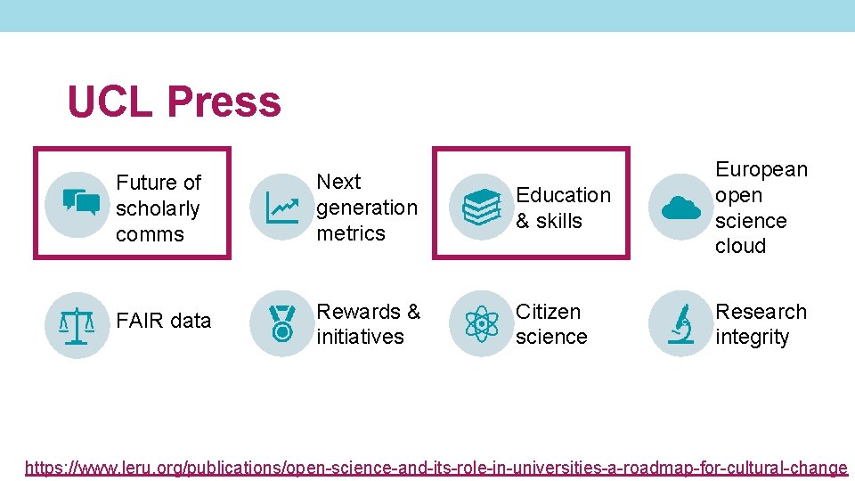 UCL Press Future of scholarly comms Next generation metrics Education & skills European open