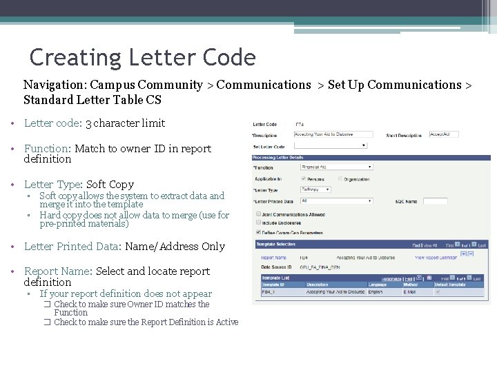 Creating Letter Code Navigation: Campus Community > Communications > Set Up Communications > Standard