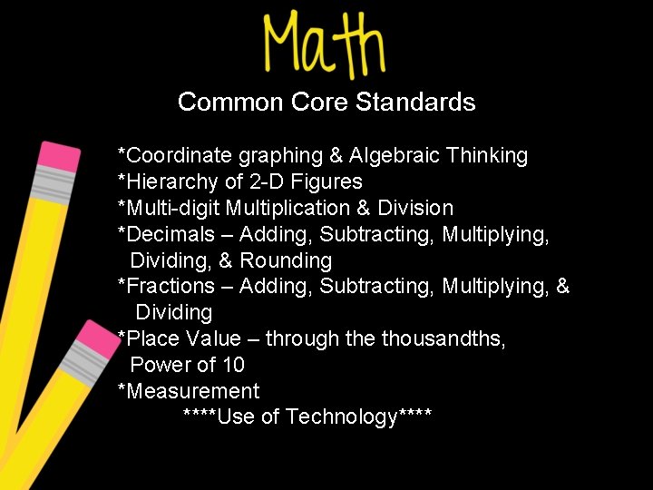 Common Core Standards *Coordinate graphing & Algebraic Thinking *Hierarchy of 2 -D Figures *Multi-digit