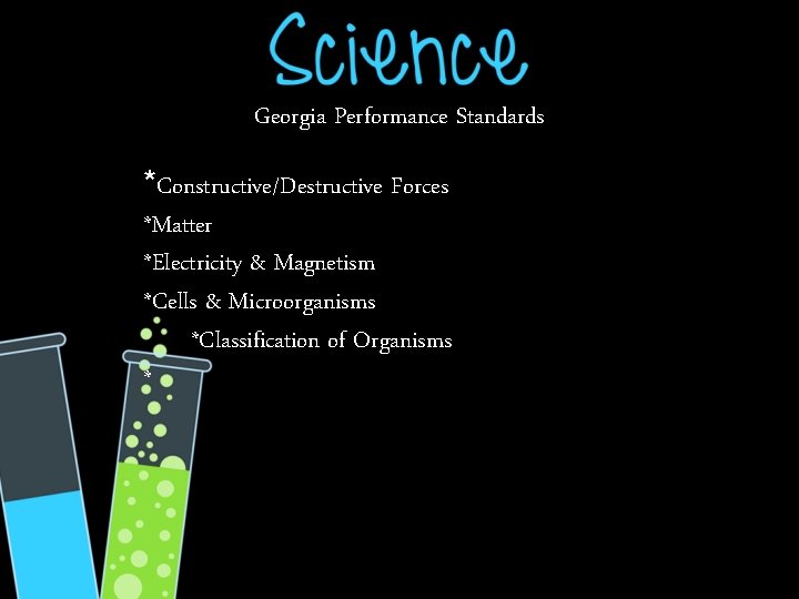 Georgia Performance Standards *Constructive/Destructive Forces *Matter *Electricity & Magnetism *Cells & Microorganisms *Classification of