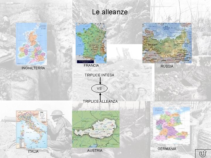 Le alleanze INGHILTERRA FRANCIA RUSSIA TRIPLICE INTESA VS TRIPLICE ALLEANZA ITALIA AUSTRIA GERMANIA 