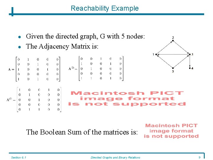 Reachability Example Given the directed graph, G with 5 nodes: The Adjacency Matrix is: