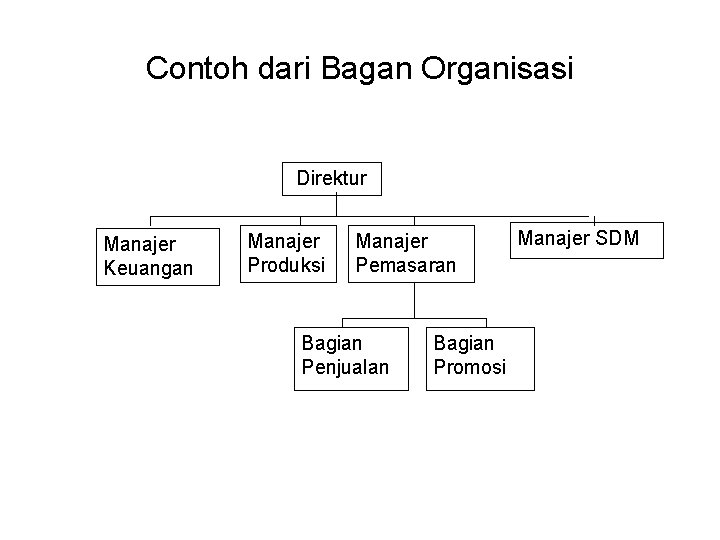 Contoh dari Bagan Organisasi Direktur Manajer Keuangan Manajer Produksi Manajer Pemasaran Bagian Penjualan Bagian