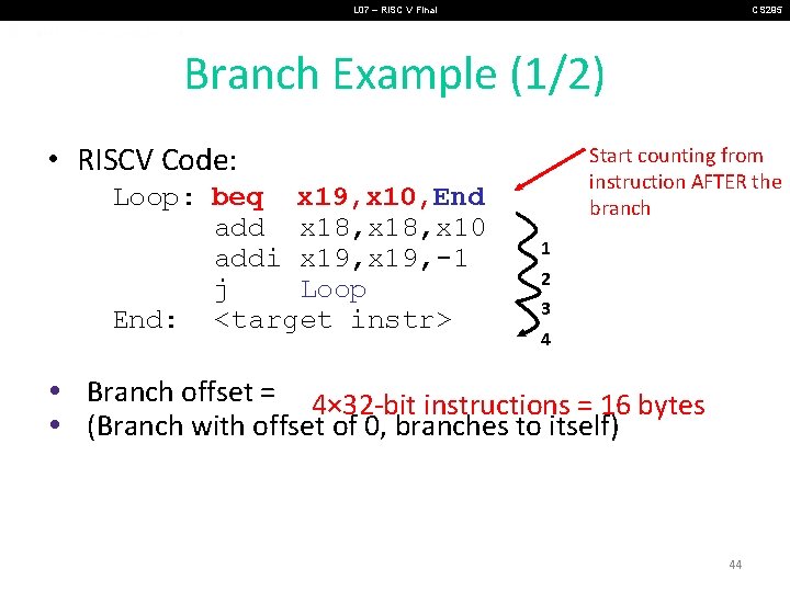 L 07 – RISC V Final CS 295 Branch Example (1/2) • RISCV Code: L 07 – RISC V Final CS 295 Branch Example (1/2) • RISCV Code: