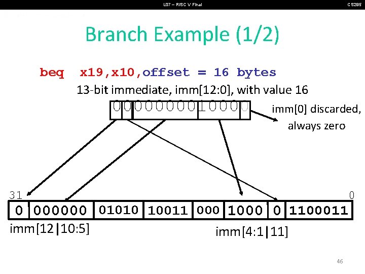 L 07 – RISC V Final CS 295 Branch Example (1/2) beq x 19, L 07 – RISC V Final CS 295 Branch Example (1/2) beq x 19,