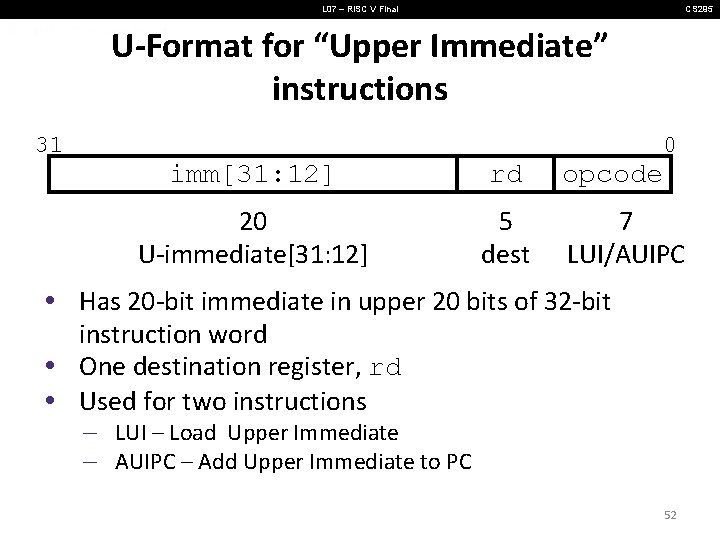 L 07 – RISC V Final CS 295 U-Format for “Upper Immediate” instructions 31 L 07 – RISC V Final CS 295 U-Format for “Upper Immediate” instructions 31