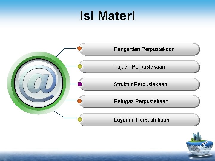 Isi Materi Pengertian Perpustakaan Tujuan Perpustakaan Struktur Perpustakaan Petugas Perpustakaan Layanan Perpustakaan 