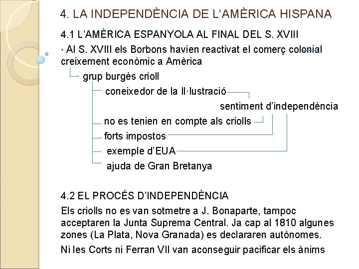 4. LA INDEPENDÈNCIA DE L’AMÈRICA HISPANA 4. 1 L’AMÈRICA ESPANYOLA AL FINAL DEL S.