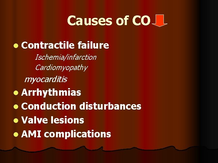 Causes of CO l Contractile failure Ischemia/infarction Cardiomyopathy myocarditis l Arrhythmias l Conduction disturbances