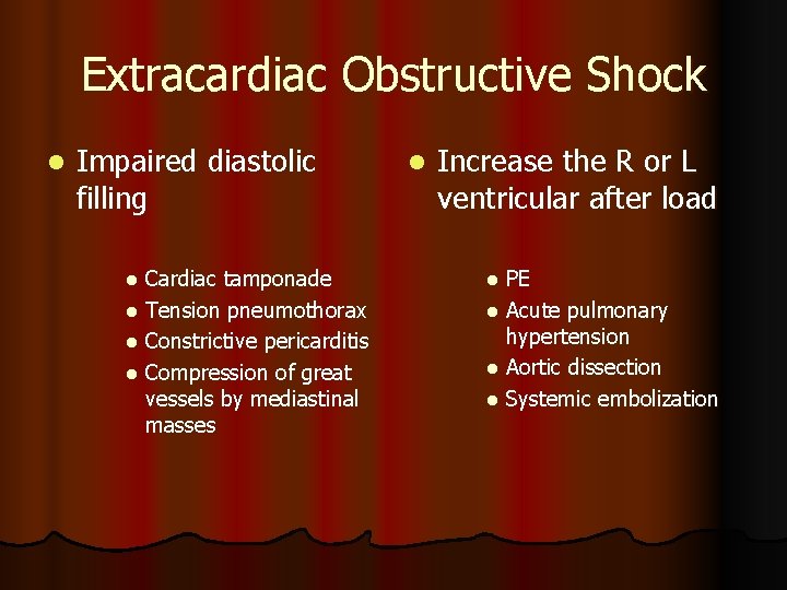 Extracardiac Obstructive Shock l Impaired diastolic filling Cardiac tamponade l Tension pneumothorax l Constrictive