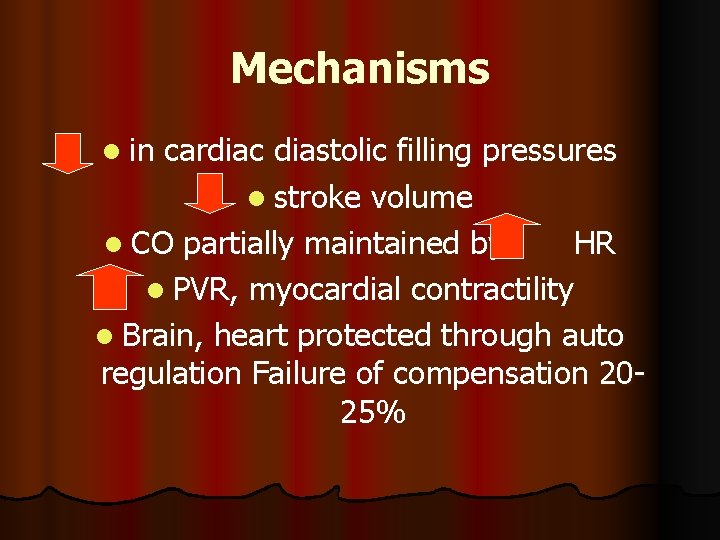 Mechanisms l in cardiac diastolic filling pressures l stroke volume l CO partially maintained
