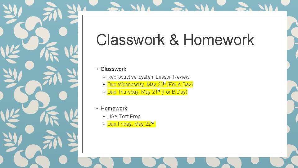 Classwork & Homework ◦ Classwork ◦ Reproductive System Lesson Review ◦ Due Wednesday, May Classwork & Homework ◦ Classwork ◦ Reproductive System Lesson Review ◦ Due Wednesday, May
