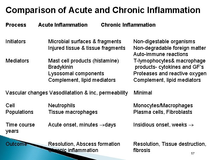 Comparison of Acute and Chronic Inflammation Process Acute Inflammation Chronic Inflammation Initiators Microbial surfaces