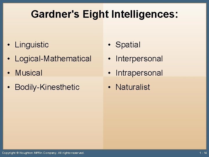 Gardner's Eight Intelligences: • Linguistic • Spatial • Logical-Mathematical • Interpersonal • Musical •