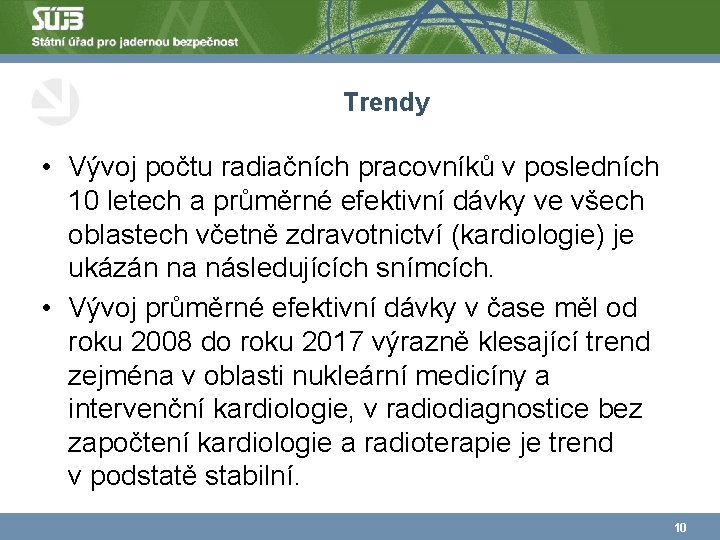 Trendy • Vývoj počtu radiačních pracovníků v posledních 10 letech a průměrné efektivní dávky