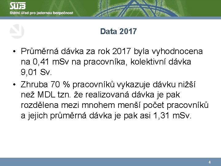 Data 2017 • Průměrná dávka za rok 2017 byla vyhodnocena na 0, 41 m.