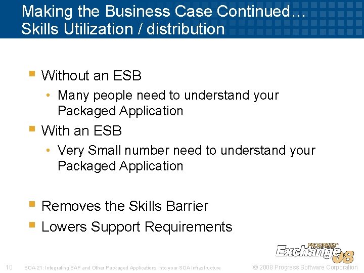 Making the Business Case Continued… Skills Utilization / distribution § Without an ESB •
