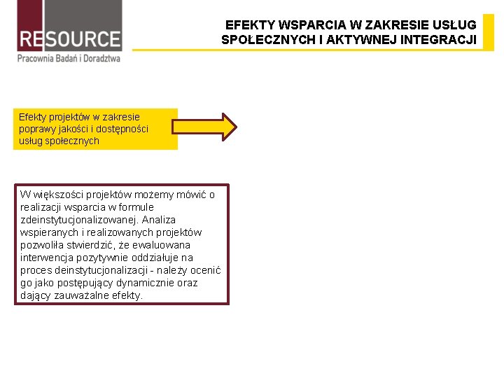 EFEKTY WSPARCIA W ZAKRESIE USŁUG SPOŁECZNYCH I AKTYWNEJ INTEGRACJI Efekty projektów w zakresie poprawy