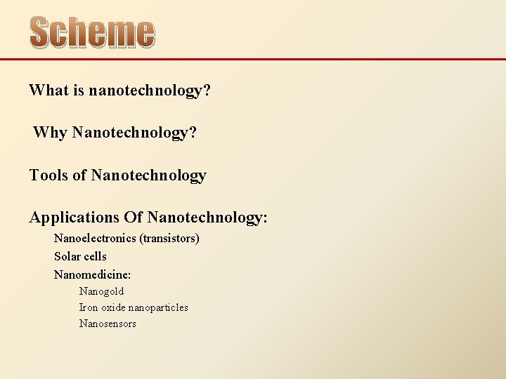Scheme What is nanotechnology? Why Nanotechnology? Tools of Nanotechnology Applications Of Nanotechnology: Nanoelectronics (transistors)