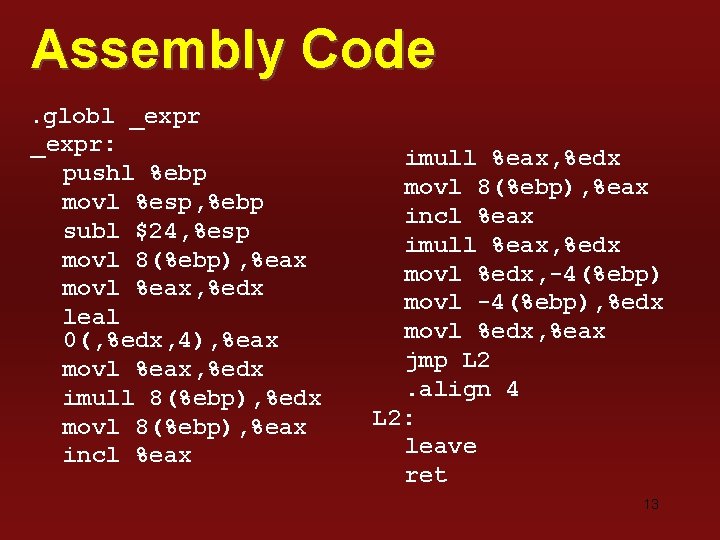 Assembly Code. globl _expr: pushl %ebp movl %esp, %ebp subl $24, %esp movl 8(%ebp),