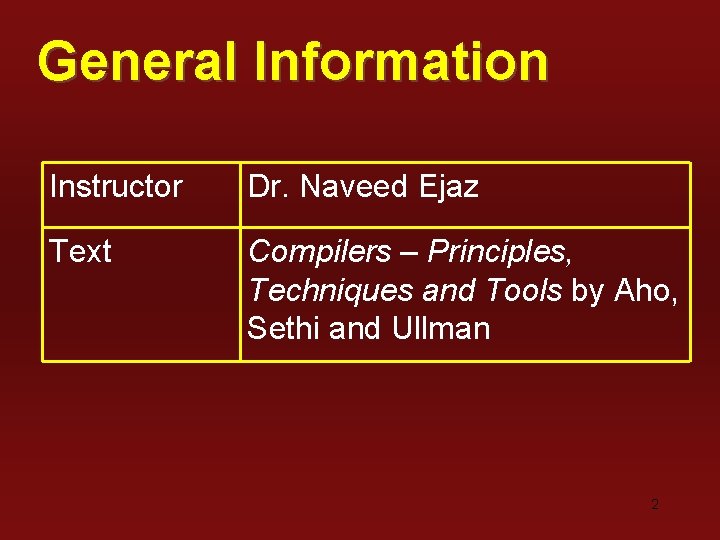 General Information Instructor Dr. Naveed Ejaz Text Compilers – Principles, Techniques and Tools by