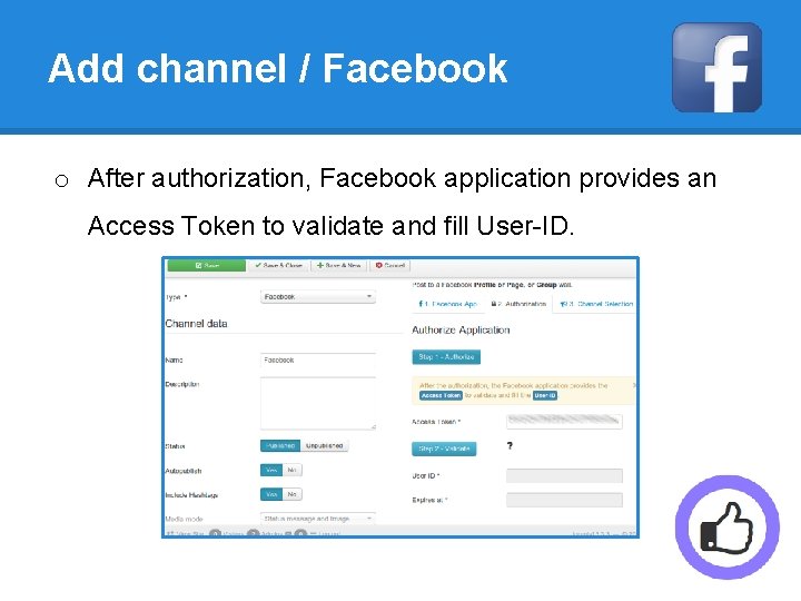 Add channel / Facebook o After authorization, Facebook application provides an Access Token to