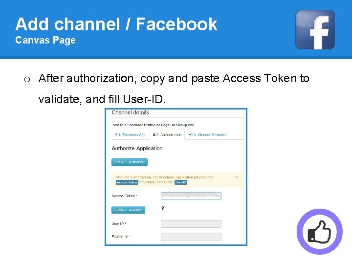 Add channel / Facebook Canvas Page o After authorization, copy and paste Access Token