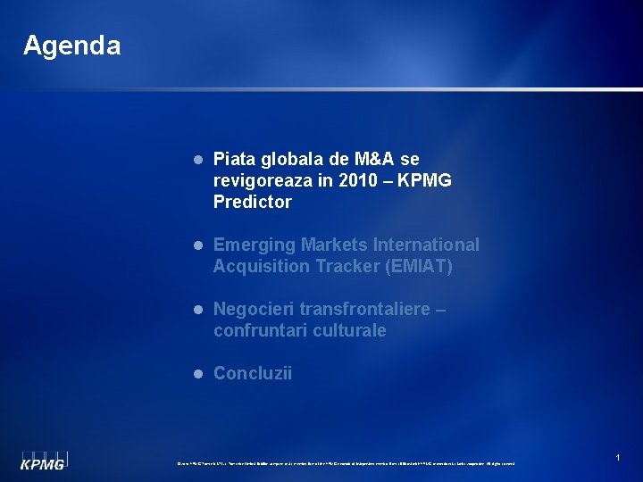 Agenda l Piata globala de M&A se revigoreaza in 2010 – KPMG Predictor l