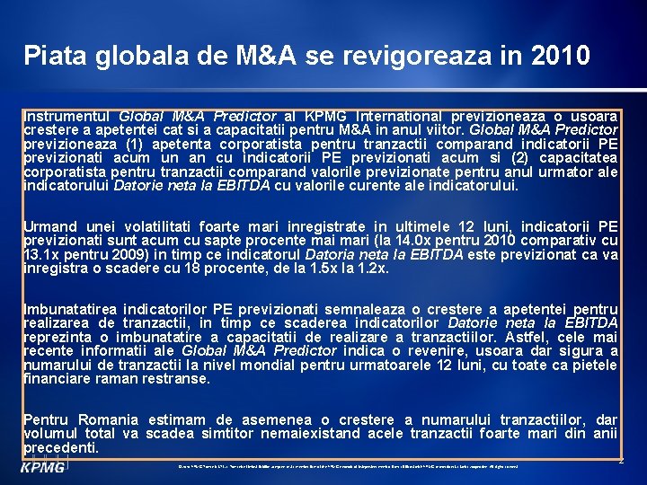 Piata globala de M&A se revigoreaza in 2010 Instrumentul Global M&A Predictor al KPMG