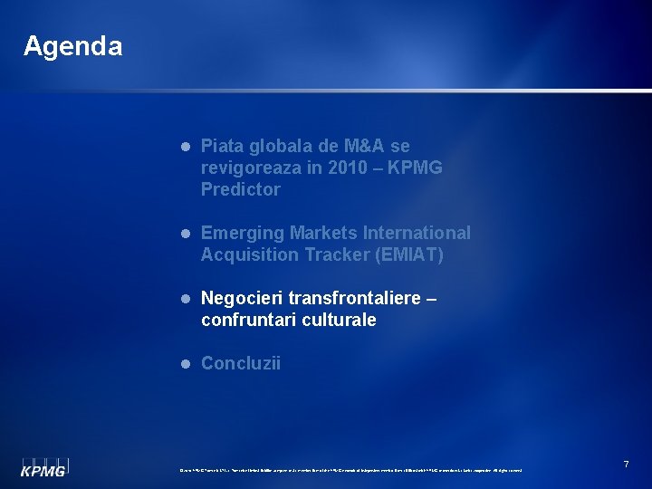 Agenda l Piata globala de M&A se revigoreaza in 2010 – KPMG Predictor l