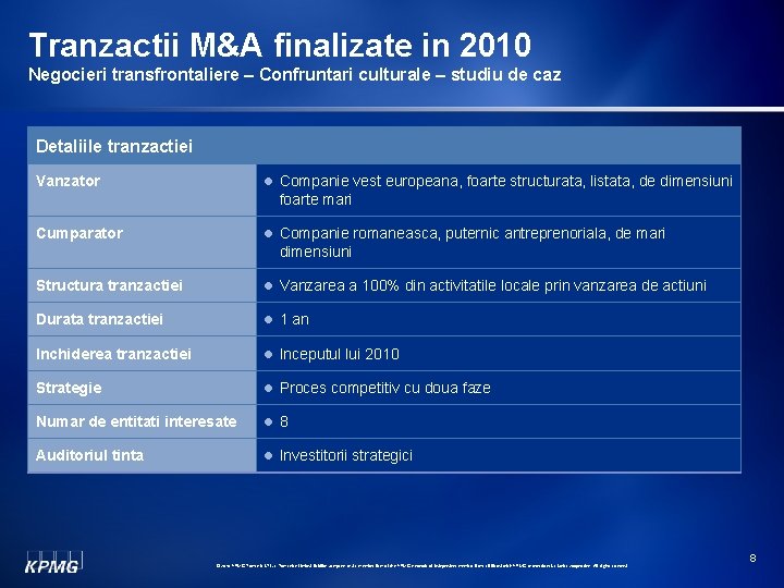 Tranzactii M&A finalizate in 2010 Negocieri transfrontaliere – Confruntari culturale – studiu de caz