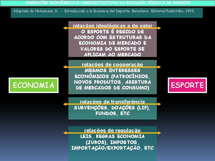 DIMENSÕES ECONÔMICAS E ADMINISTRATIVAS DA EDUCAÇÃO FÍSICA E DO ESPORTE Adaptado de Heinemann, K.