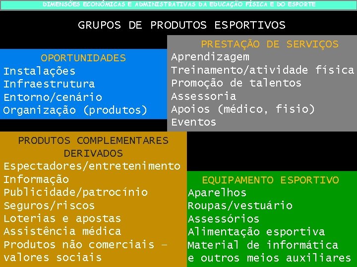 DIMENSÕES ECONÔMICAS E ADMINISTRATIVAS DA EDUCAÇÃO FÍSICA E DO ESPORTE GRUPOS DE PRODUTOS ESPORTIVOS