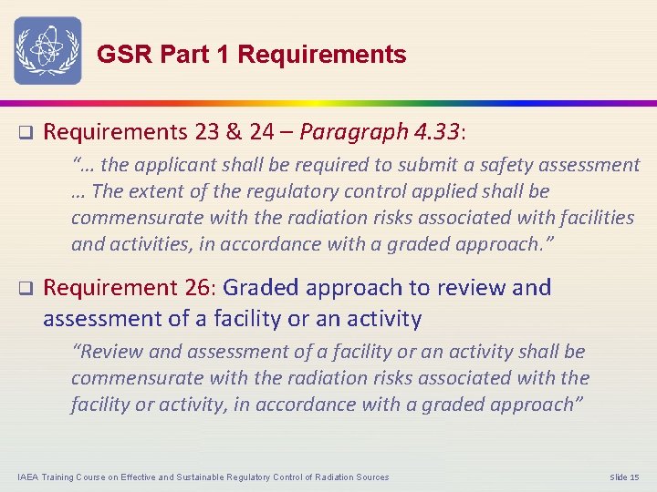 GSR Part 1 Requirements q Requirements 23 & 24 – Paragraph 4. 33: “…