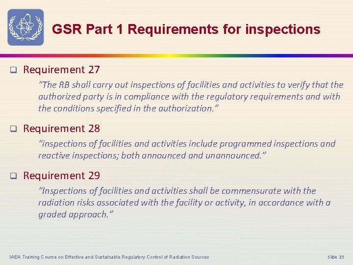 GSR Part 1 Requirements for inspections q Requirement 27 “The RB shall carry out