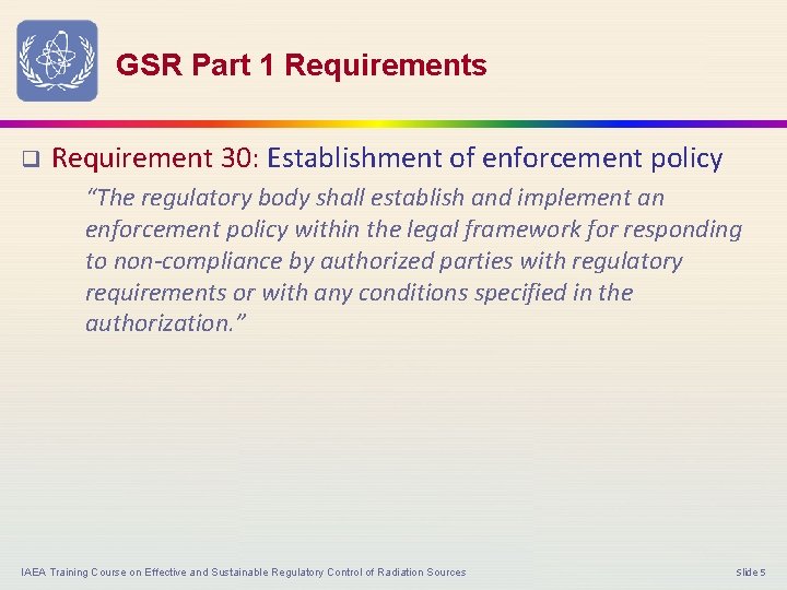 GSR Part 1 Requirements q Requirement 30: Establishment of enforcement policy “The regulatory body