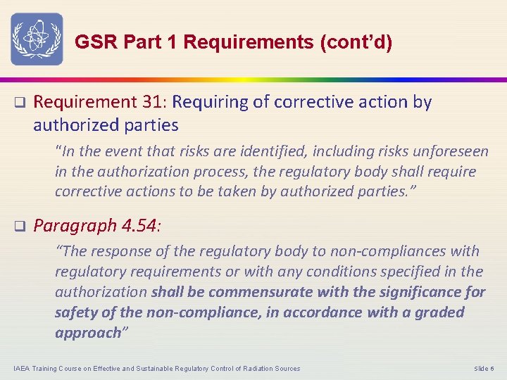 GSR Part 1 Requirements (cont’d) q Requirement 31: Requiring of corrective action by authorized