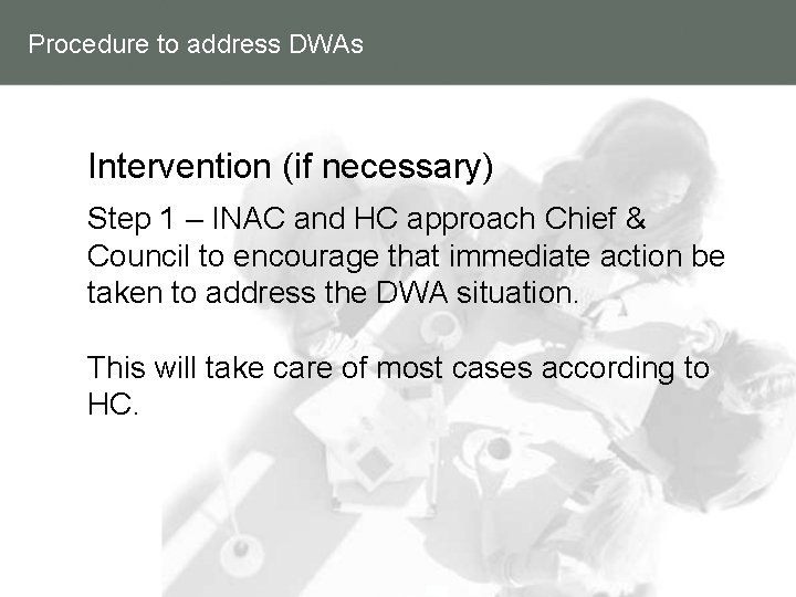 Procedure to address DWAs Intervention (if necessary) Step 1 – INAC and HC approach