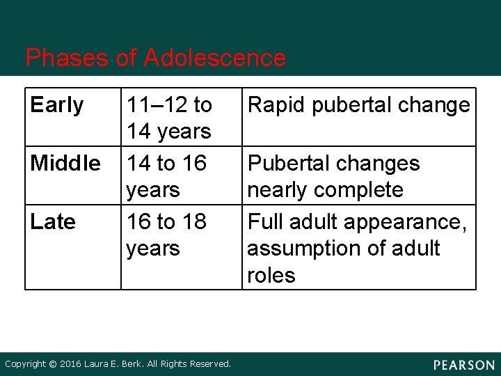 Phases of Adolescence Early Middle Late 11– 12 to 14 years 14 to 16