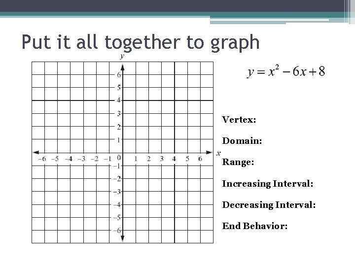 Put it all together to graph Vertex: Domain: Range: Increasing Interval: Decreasing Interval: End