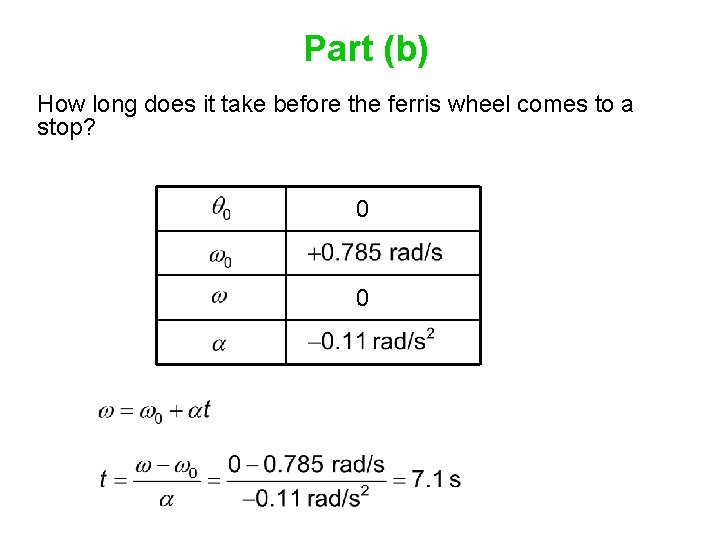 Part (b) How long does it take before the ferris wheel comes to a