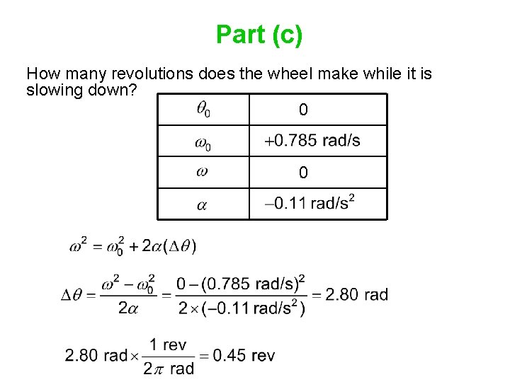 Part (c) How many revolutions does the wheel make while it is slowing down?