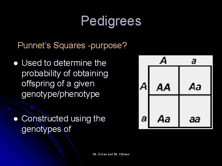 Pedigrees Punnet’s Squares -purpose? l Used to determine the probability of obtaining offspring of